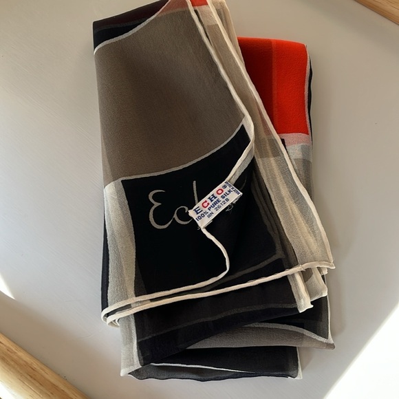 Vintage Echo Modern Geometric Sheer Silk Long Silk Scarf Black, Gray, Red - Picture 8 of 9